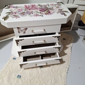 White Floral Jewelry Organizer Box with Drawers and Gold Accents
